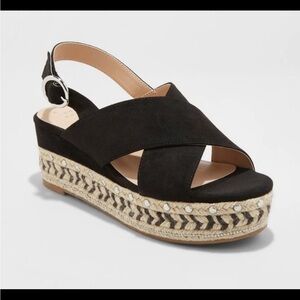 Women A New Day TRISTA Cross Toe Woven Platform Buckle Back Sandals Black Raffia